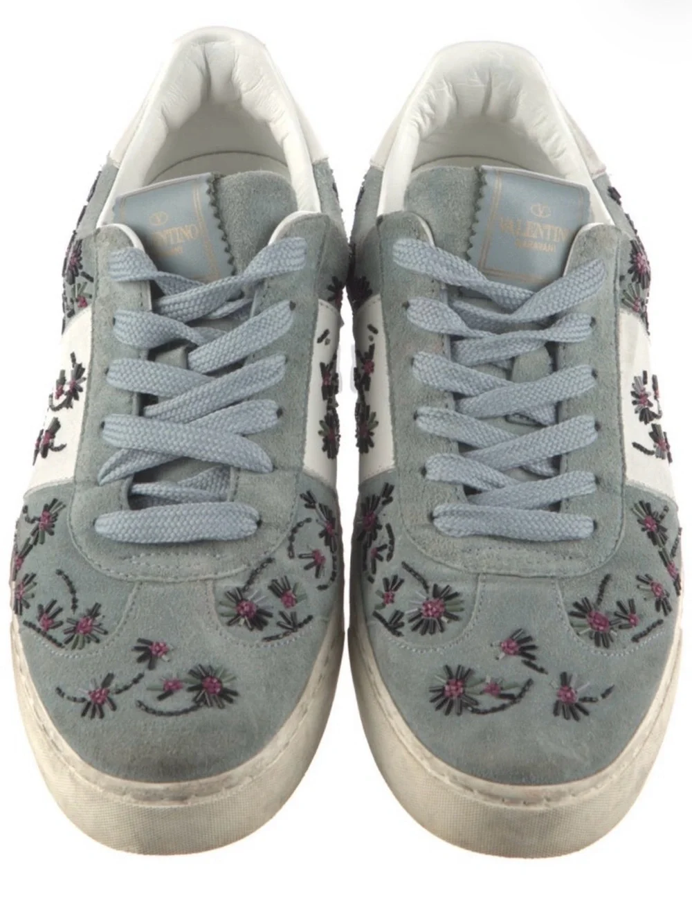 Valentino Garavani Light Blue Suede Sneakers with Pink Floral Embroidery
